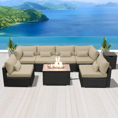 Patio Furniture Sectional Sofa with Gas Fire Pit Table Outdoor Patio Furniture Sets Propane Fire Pit (Light Beige-Rectangular Fire Table)