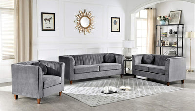 Modern Style Soft Elegant High Density Foam Cool Grey Velvet Chesterfield Tight Back Living Room 3 PC (Loveseat+Sofa+Armchair) with Removable Cushion & Solid Wood Legs (S5530-5535)