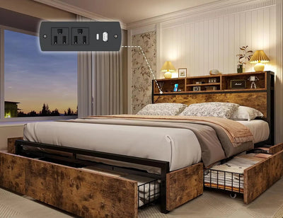 Queen Bed Frame with 6 Storage Drawers with Headboard Queen Size Bed Frame with Charging Station