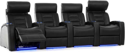 Flex HR Series Home Stadium Seating - Black Top Grain Leather - Power Recline - Motorized Headrest - Lighted Cup Holders (Row of 4)