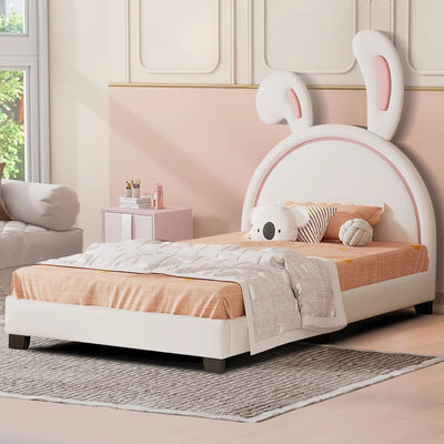Upholstered Platform Bed with Bunny Ears Headboard for Kids, Faux Leather Twin Bed - White